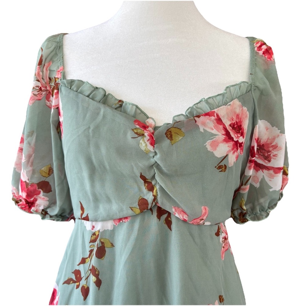 Dream of Me Flowy Romantic Maxi Dress Women's M Cottage Green with Pink Roses - Picture 2 of 8